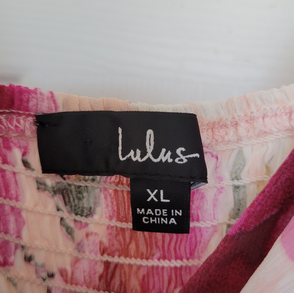Lulu's Pink Floral Wrap Dress with Green Leaves - Picture 3 of 8